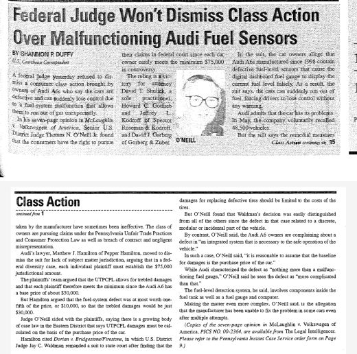 Federal Judge Won't Dismiss Class Action Over Malfunctioning Audi Fuel Sensors â€” The Legal Intelligencer