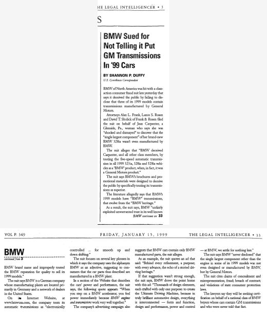 BMW Sued for Not Telling It Put GM Transmissions in '99 Cars â€” The Legal Intelligencer