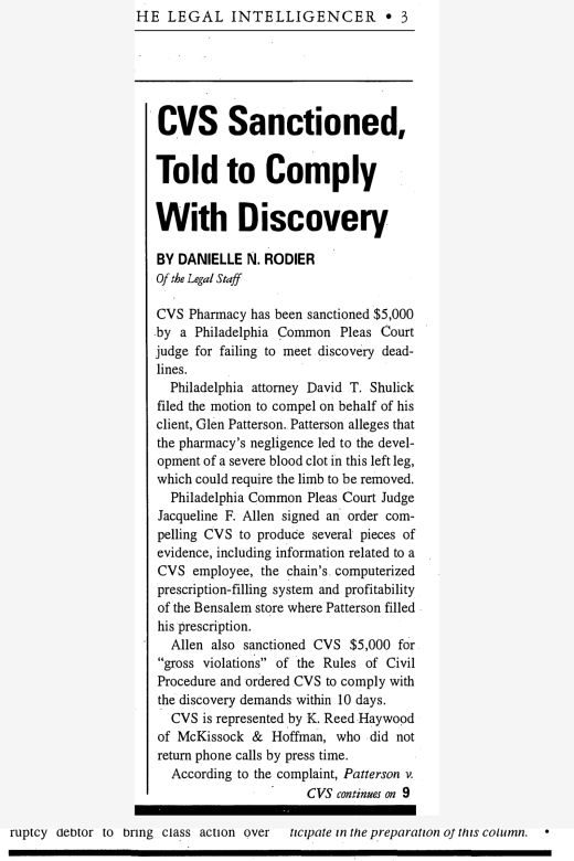 CVS Sanctioned, Told to Comply With Discovery â€” The Legal Intelligencer