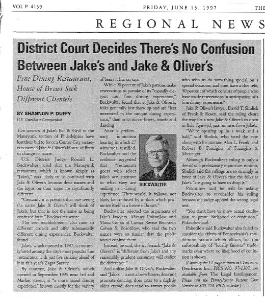 District Court Decides There's No Confusion Between Jake's and Jake & Oliver's â€” The Legal Intelligencer