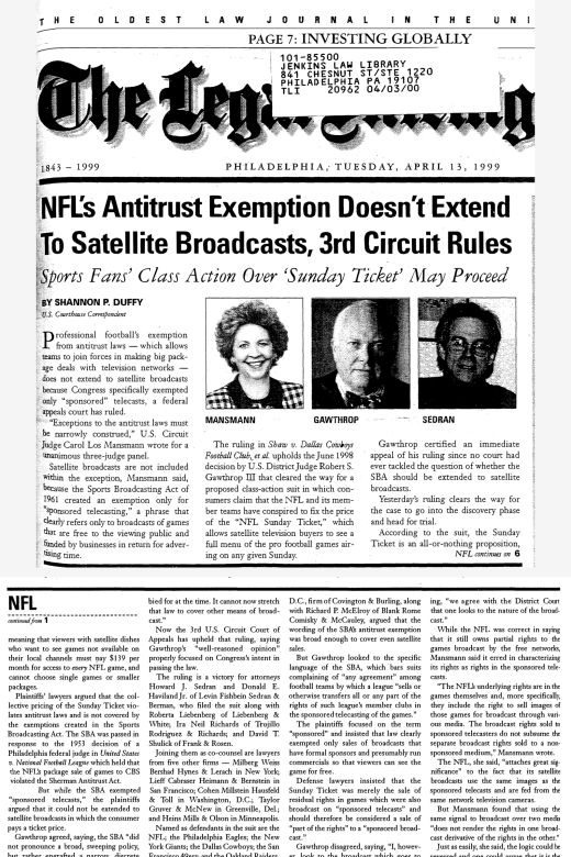 NFL's Antitrust Exemption Doesn't Extend to Satellite Broadcasts, 3rd Circuit Rules â€” The Legal Intelligencer